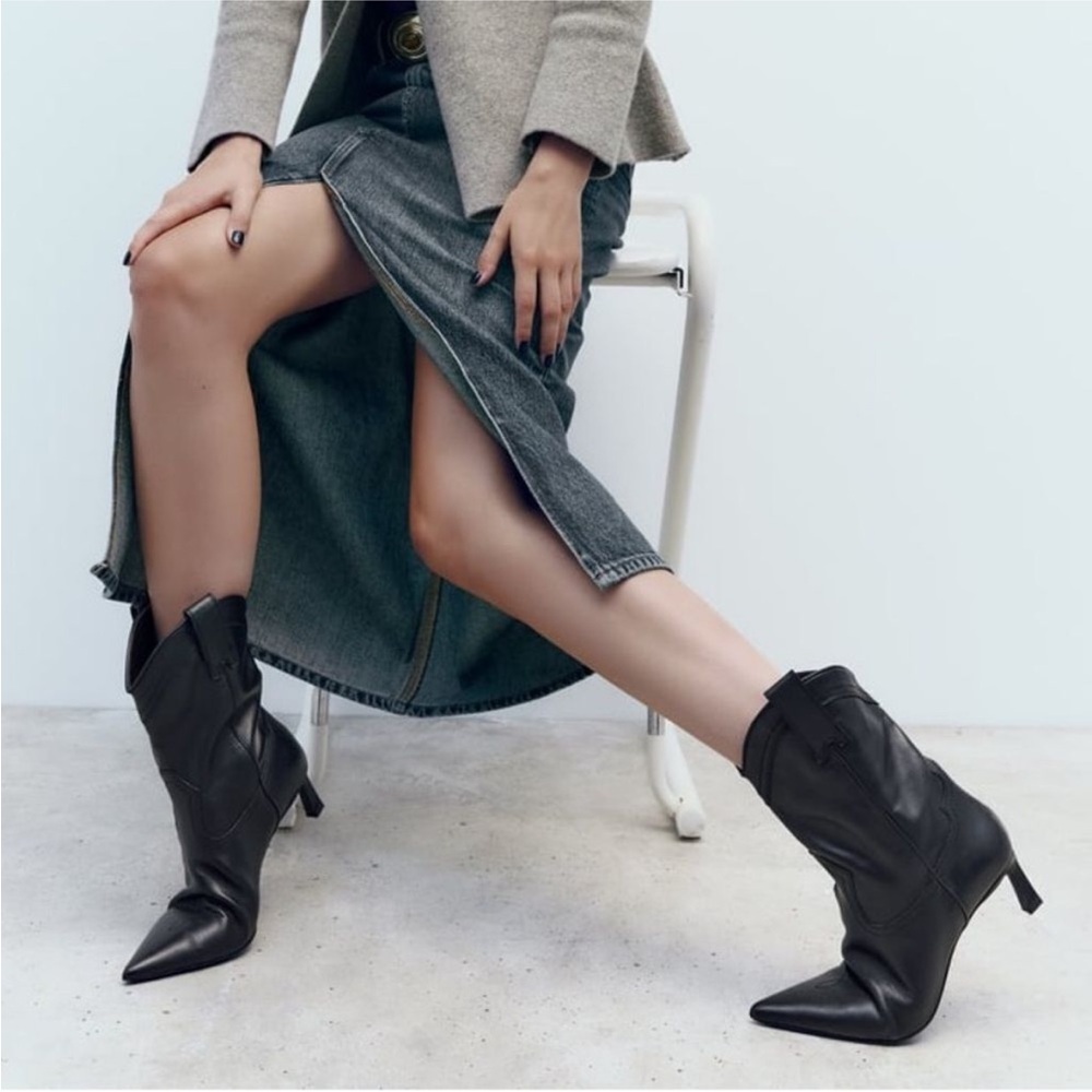 ZARA leather cowboy heeled ankle boots
